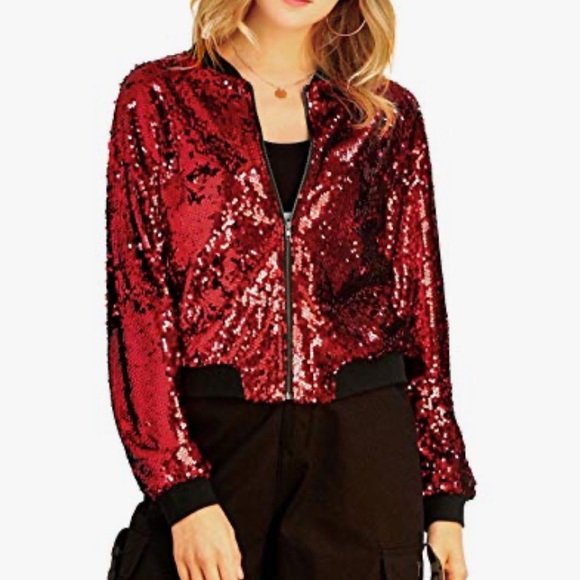 Allegra K Sequin Zip-Front Bomber Jacket - Picture 3 of 12